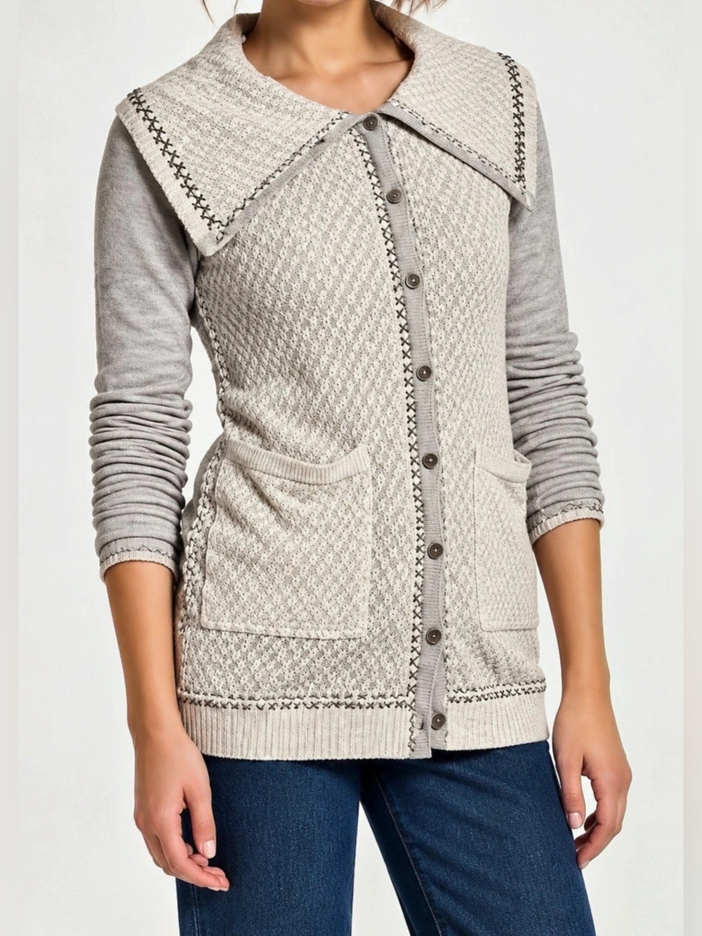 Saturday Sunday by Anthropologie Gray & Cream Cotton Textured Cardigan - Size L